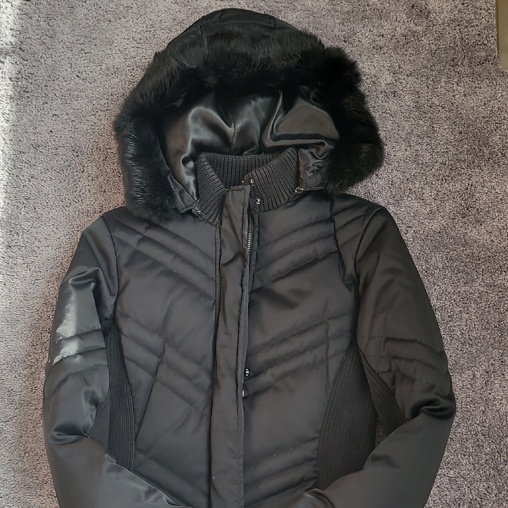 Guess Black Down Jacket with Faux Fur Hood